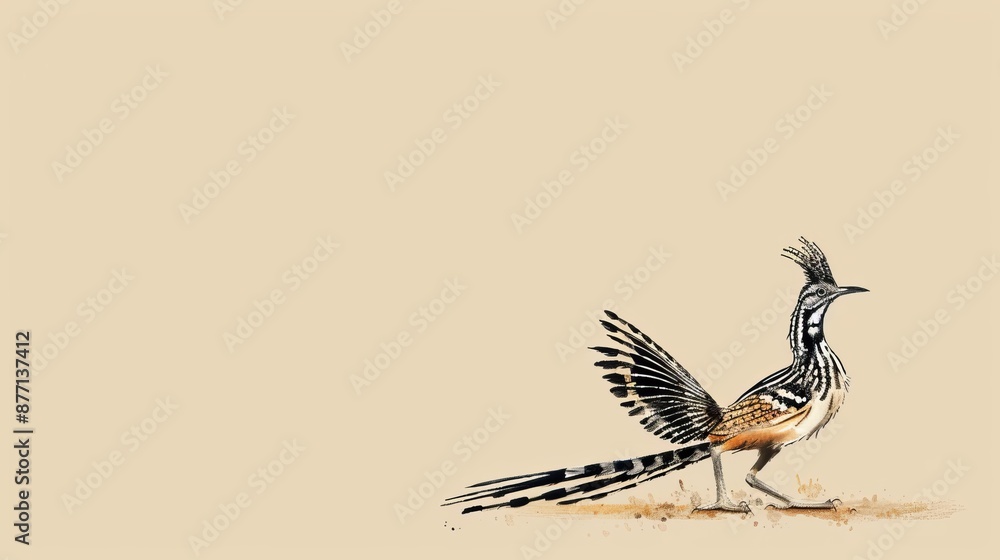 Fototapeta premium A bird with outstretched wings stands on a dirt ground against a light backdrop Its tail sports a black-and-white stripe