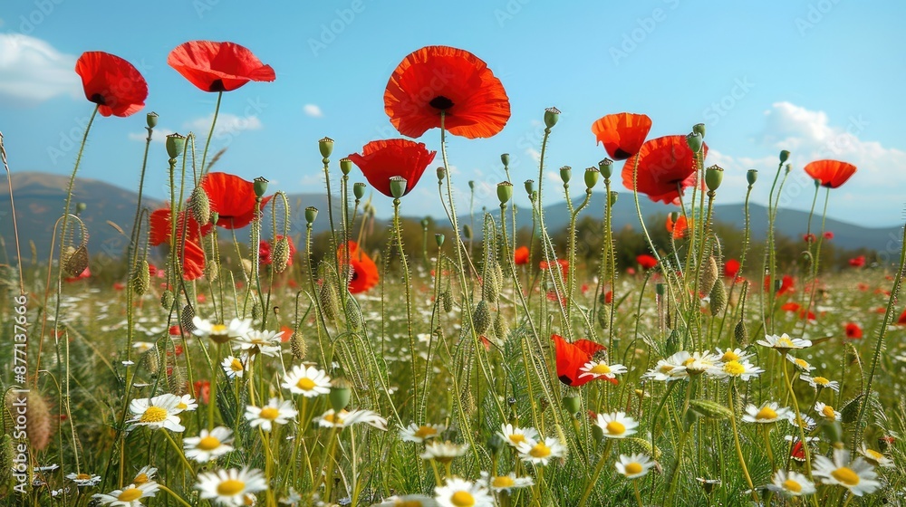 Obraz premium Red poppies and white daisies in a field, Spain