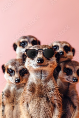  A group of meerkats donning sunglasses poses together against a pink backdrop © Viktor