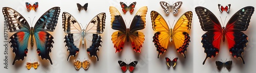 Collection of six colorful butterflies pinned on white background. photo