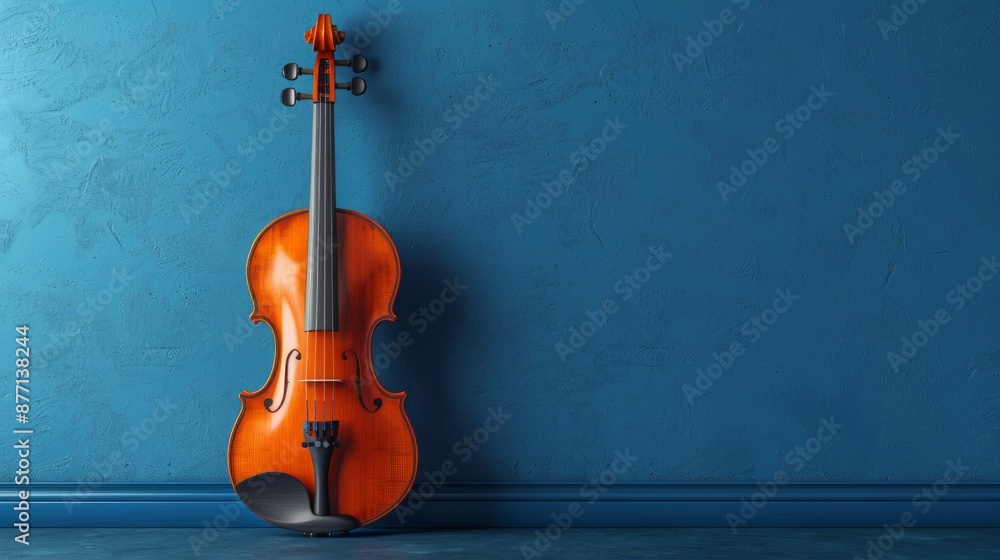 Fototapeta premium Wooden Violin Leaning Against a Blue Wall