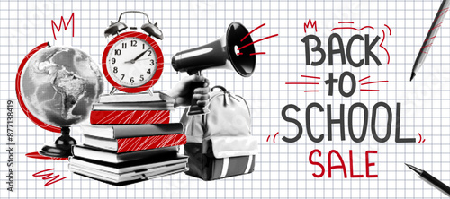 Back to school sale banner. Trending collage style. Learning Concept. Books, backpack, globe, clock, stationery.