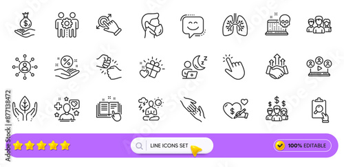Smile face, Love gift and Income money line icons for web app. Pack of Networking, Medical mask, Inspect pictogram icons. Helping hand, Salary employees, Fair trade signs. Cursor. Search bar. Vector
