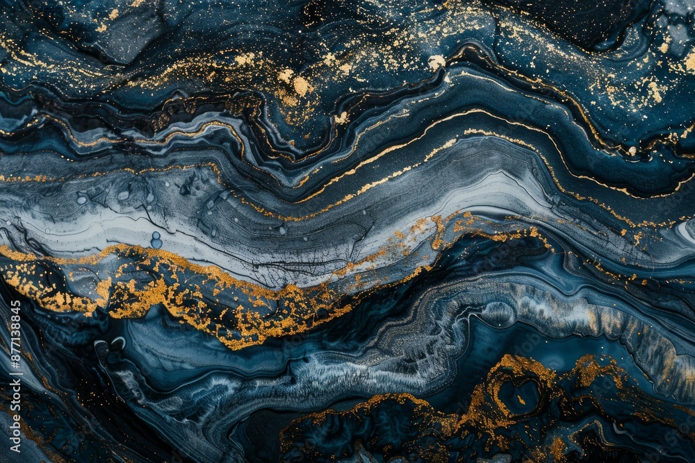 Elegant blue and gold ink patterns creating a luxurious marbled texture Elegant blue and gold ink patterns creating a luxurious marbled texture