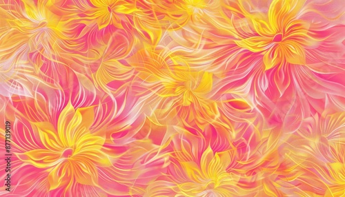 Bright and colorful floral pattern featuring pink and yellow flowers on a dar...