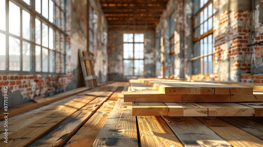 Sunlit construction site inside an abandoned building Sunlit construction site inside an abandoned building