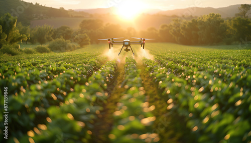 Capturing Modern Farming: Drone Silhouette at Sunrise. Digital modeern farming equipment in action under golden sunlight in countryside. Agricultural spraying or watering. Agriculture IOT industry. photo