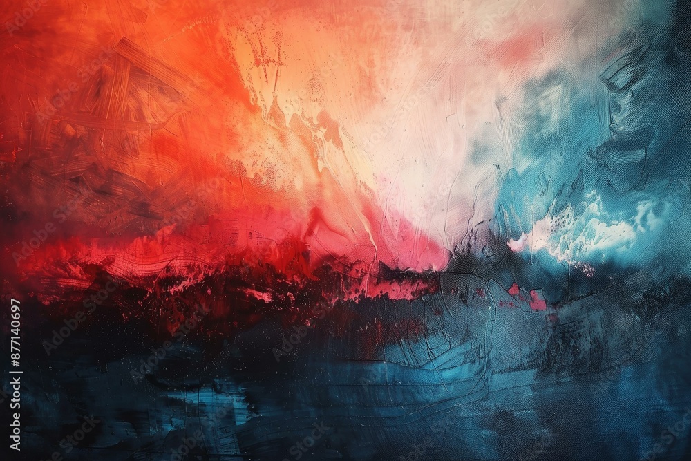 Fototapeta premium Vivid red and blue hues blend in this striking abstract painting, depicting creative texture and motion