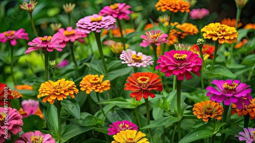 Vibrant zinnia flowers in a garden, Mexico © savittree