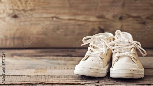 Infant shoes on wooden background with space for text