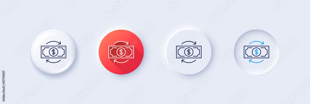 Money change line icon. Neumorphic, Red gradient, 3d pin buttons. Currency exchange sign. Financial reinvestment symbol. Line icons. Neumorphic buttons with outline signs. Vector Money change line icon. Neumorphic, Red gradient, 3d pin buttons. Currency exchange sign. Financial reinvestment symbol. Line icons. Neumorphic buttons with outline signs. Vector
