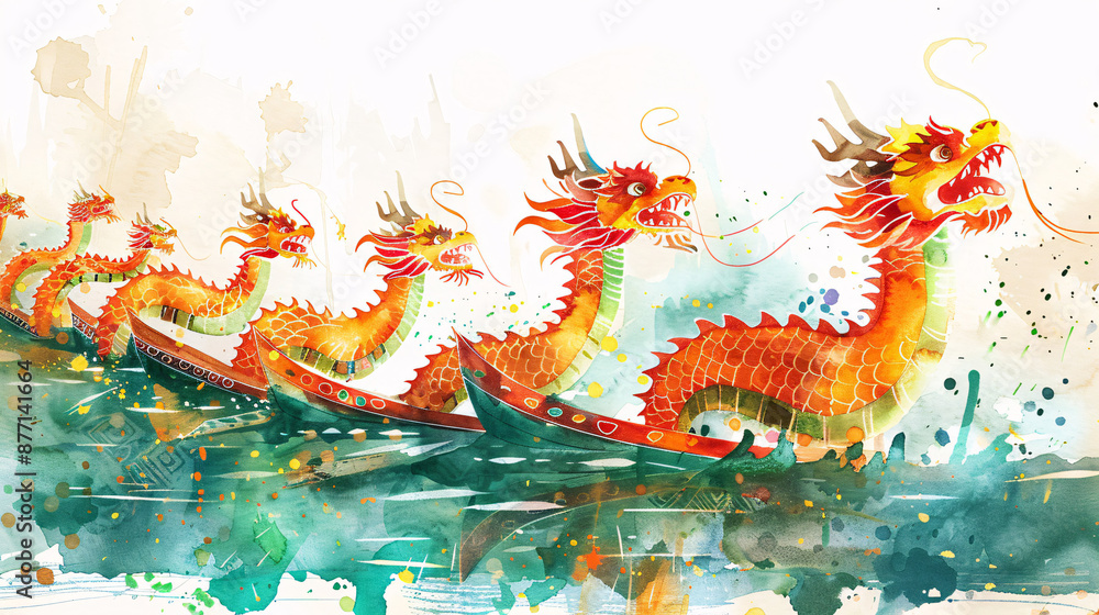 Chinese New Year Dragon Boat Race Watercolor Asian Festival Illustration. Chinese New Year Dragon Boat Race Watercolor Asian Festival Illustration.