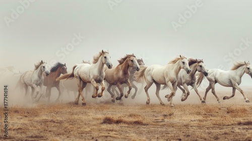  A herd of horses gallops across a dry grassy expanse, silhouetted against a foggy, moody sky © Viktor