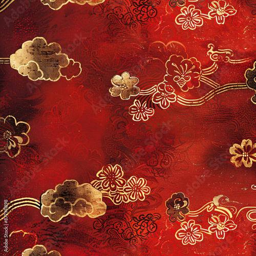 Red and Gold Chinese New Year Banner Texture Background with Traditional Lampoon Decorations Asian Festival Illustration.