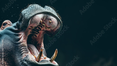  A close-up of a hippopotamus with its mouth widely open