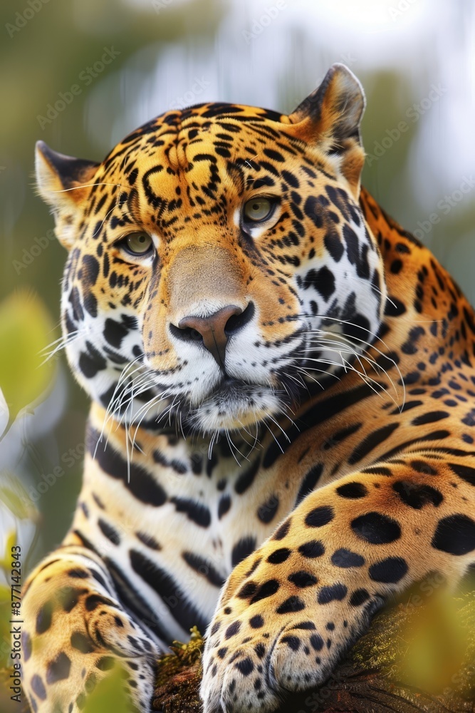 Obraz premium A tight shot of a leopard reclining on a tree branch, eyes shut, head cradled by a limb