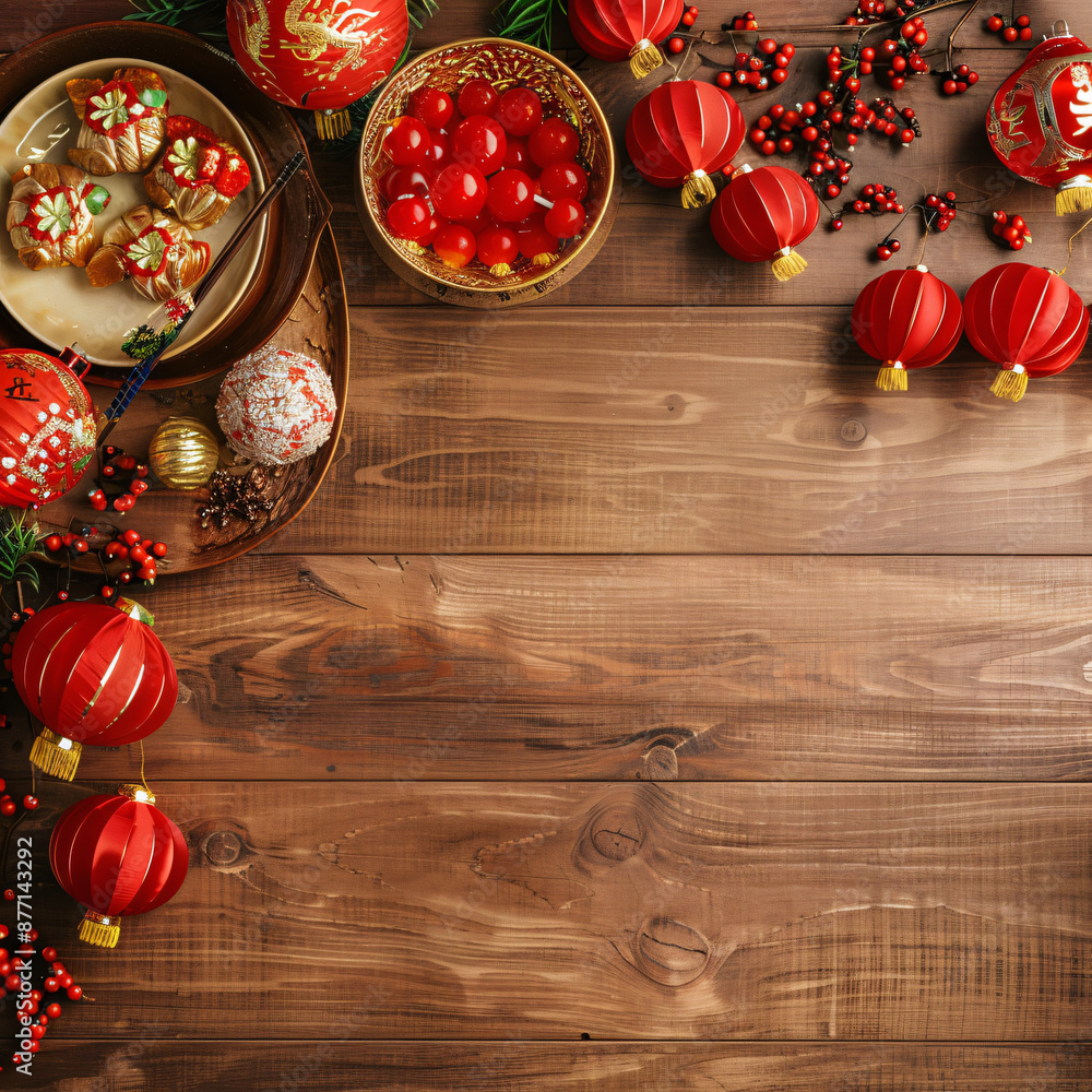Chinese New Year Wooden Table from above with Traditional Red and Gold Lampoons Square Banner Illustration. Chinese New Year Wooden Table from above with Traditional Red and Gold Lampoons Square Banner Illustration.