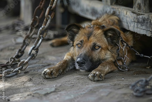 Brown, furry dog chained outdoors, looking with longing and sadness, displaying helplessness and despair photo