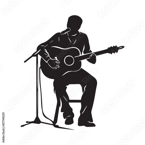 Music man sitting on chair with guitar silhouette Vector Image isolated on white background