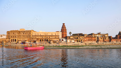 Beautiful ghat of Vrindavan with Jugak Kishorji Temple, Yamuna Ghat, Vrindavan, Mathura, Uttar Pradesh, India.
