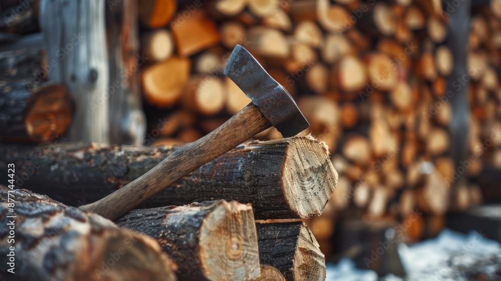 Axe lodged in wooden logs for chopping firewood Axe lodged in wooden logs for chopping firewood