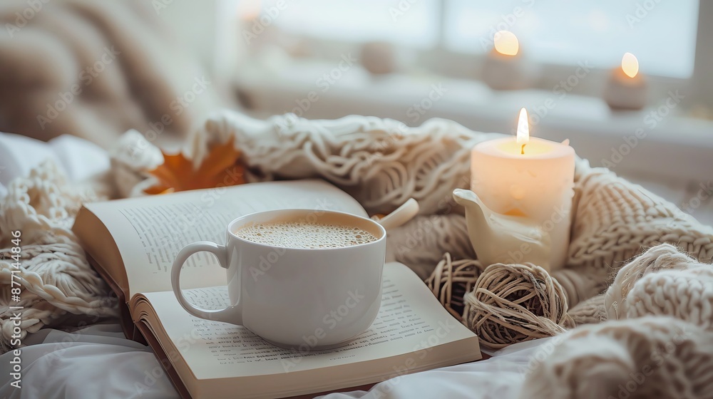Cozy scene with a cup of coffee, book, and candle on a knit blanket. Perfect for relaxation, autumn vibes, and peaceful moments. Cozy scene with a cup of coffee, book, and candle on a knit blanket. Perfect for relaxation, autumn vibes, and peaceful moments.
