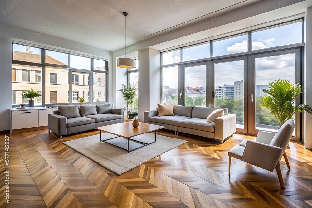 Fototapeta premium Modern living room with herringbone wood floor and city view.