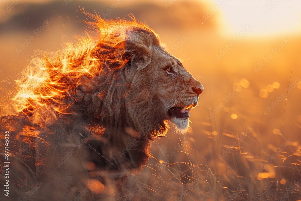 Naklejka premium A lion roaring, its mane merging with a savanna at sunset, Double exposure, Warm hues, Dynamic composition