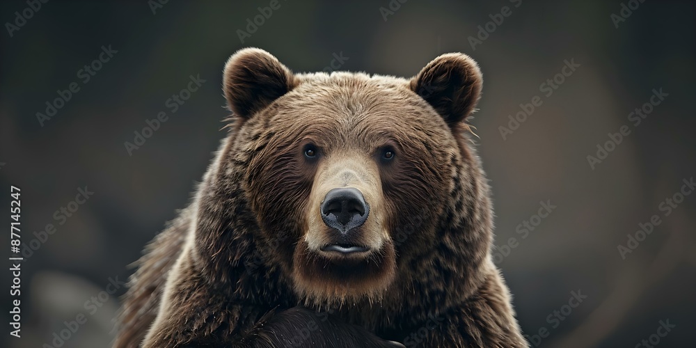 A large brown bear stands with crossed arms gazing directly at the camera against a dark blurred background. Concept Wildlife Photography, Animal Portraits, Nature Encounters A large brown bear stands with crossed arms gazing directly at the camera against a dark blurred background. Concept Wildlife Photography, Animal Portraits, Nature Encounters