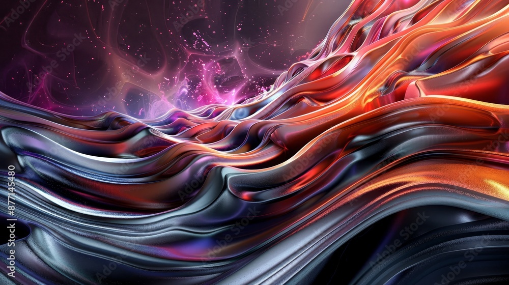 Abstract Metallic Waves with Glowing Dust Particles, 3D Render, Metallic Texture, Abstract Art, Digital Art Abstract Metallic Waves with Glowing Dust Particles, 3D Render, Metallic Texture, Abstract Art, Digital Art