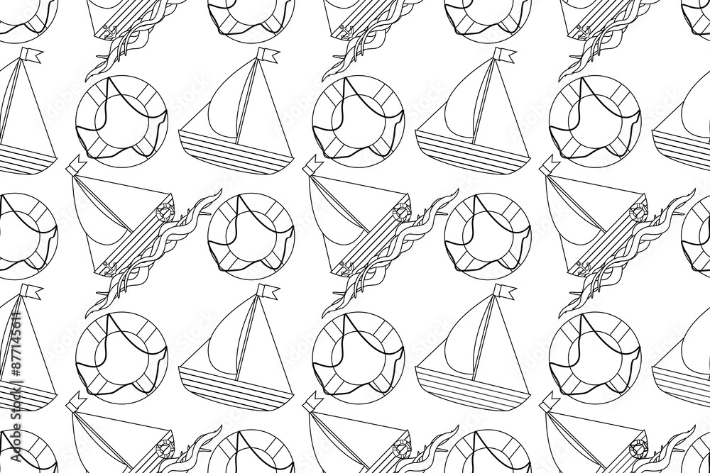 Obraz premium Seamless nautical-themed pattern for coloring. Features sailboats, life rings, and waves in black and white. Ideal for both kids and adults.