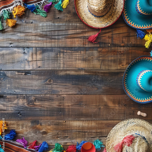Cinco de Mayo wooden table from above banner US Mexican Festival on 5th of May Top Down With Straw Hats.