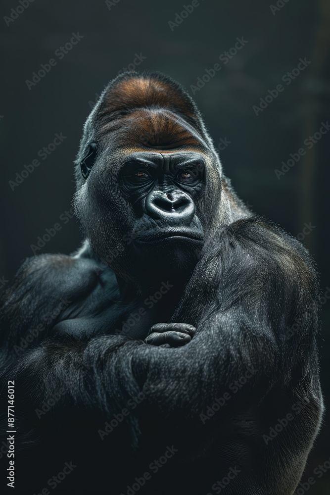 A gorilla stands in the dark, arms crossed, head turned to the side, hands on chest A gorilla stands in the dark, arms crossed, head turned to the side, hands on chest