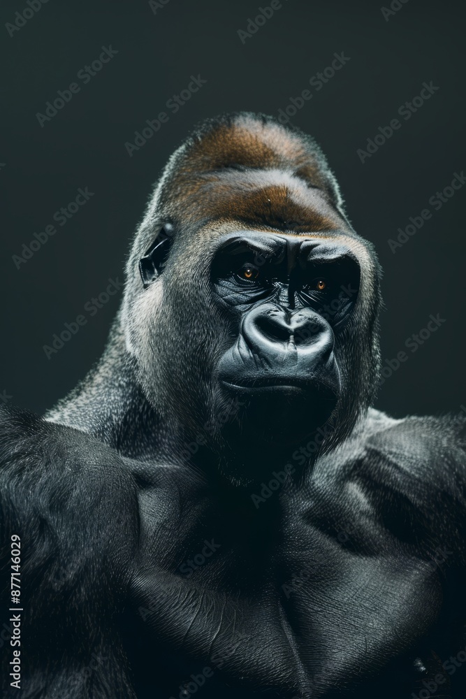 A tight shot of a gorilla's expressive face One hand rests on his chest, the other on his shoulder A tight shot of a gorilla's expressive face One hand rests on his chest, the other on his shoulder