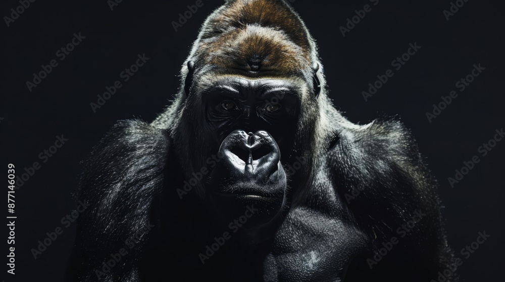 A gorilla's intense face, in close-up, against a black backdrop A gorilla's intense face, in close-up, against a black backdrop
