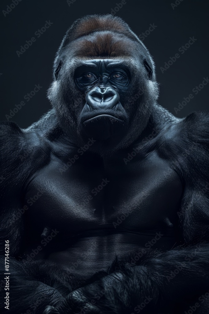  A gorilla in a gorilla suit, arms crossed, gazes seriously into the camera
