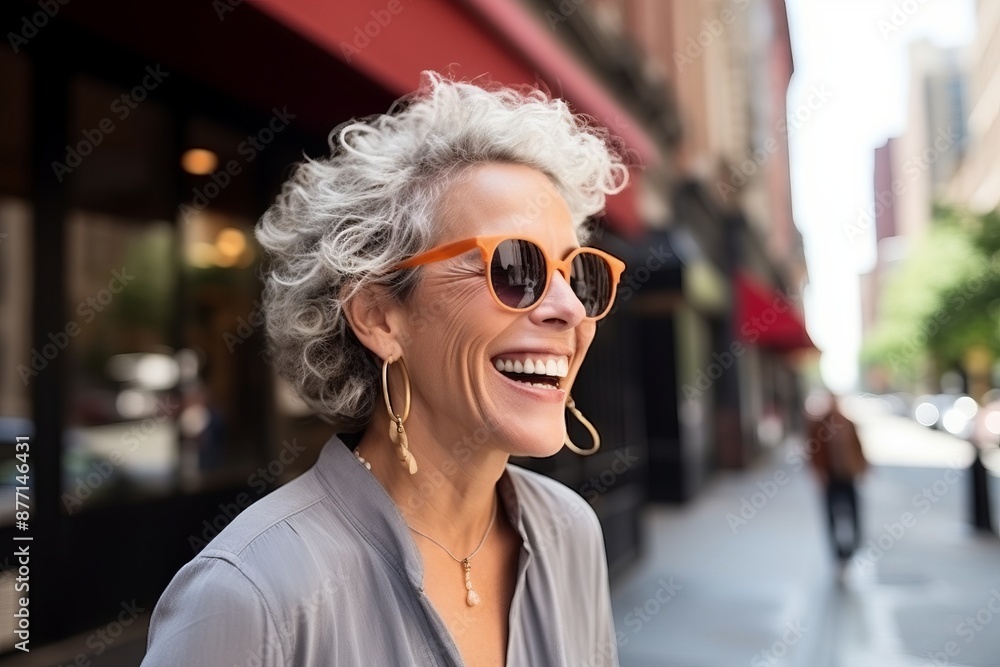 Close-up portrait of a smiling senior woman wearing sunglasses on the street Close-up portrait of a smiling senior woman wearing sunglasses on the street