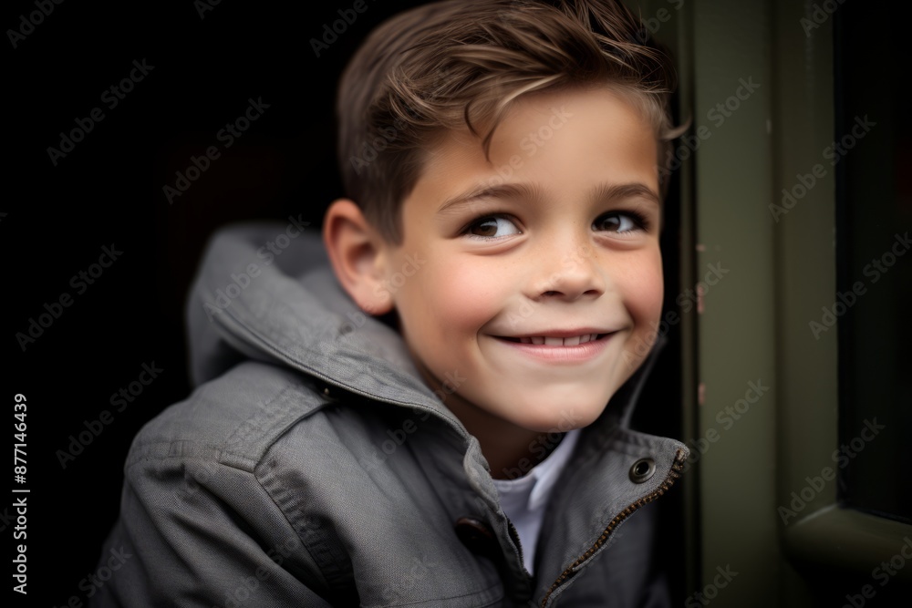 Portrait of a smiling boy in a gray jacket looking out the window Portrait of a smiling boy in a gray jacket looking out the window