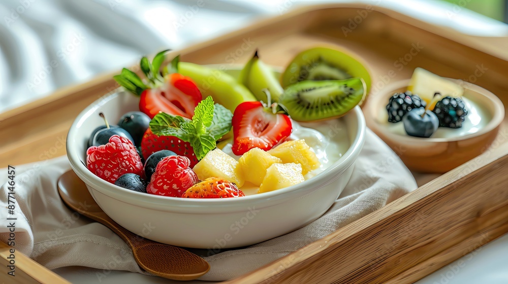 A fresh fruit bowl with strawberries, pineapples, kiwi, and berries served on a wooden tray with yogurt. A fresh fruit bowl with strawberries, pineapples, kiwi, and berries served on a wooden tray with yogurt.