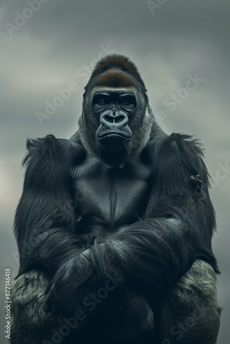  Gorilla with crossed arms before face, cloudy sky behind © Viktor