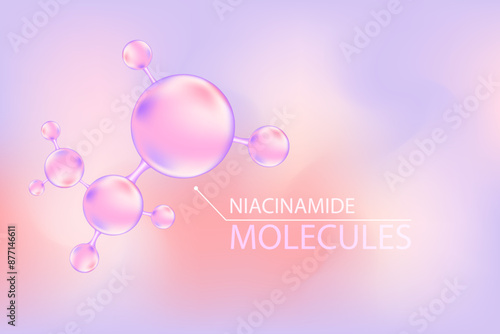 Lavender niacinamide or nicotinamide molecule background, beauty B3 molecule wallpaper, niacin chemical formula. Beauty treatment nutrition skincare backdrop with copy space.