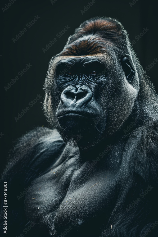 A gorilla in close-up, hands resting on his chest - one hand touching it A gorilla in close-up, hands resting on his chest - one hand touching it