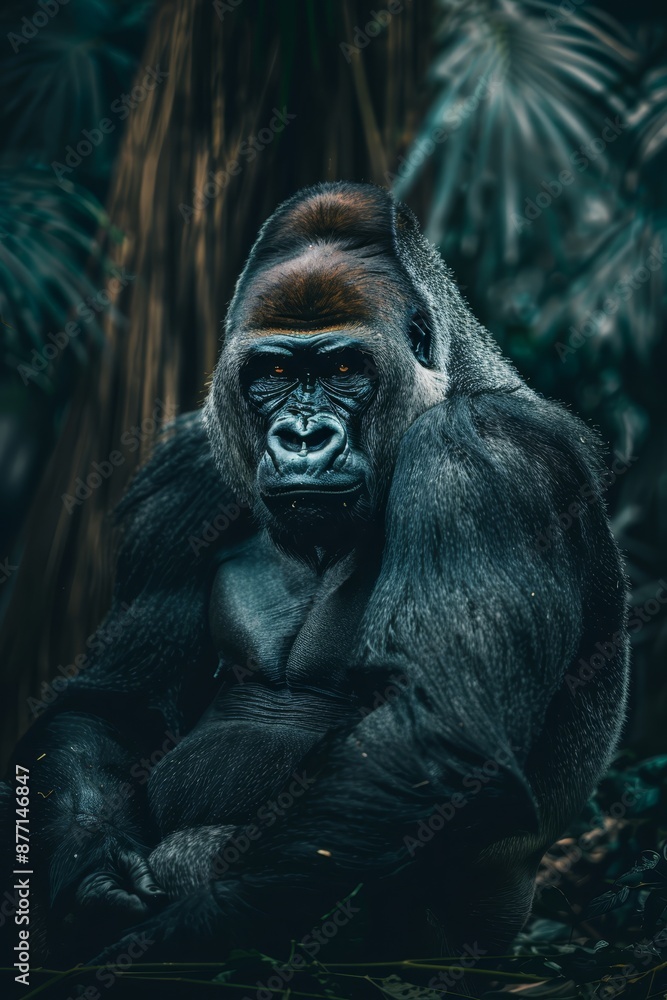 Obraz premium A gorilla, facing sideways, sits amidst the forest with trees as a backdrop