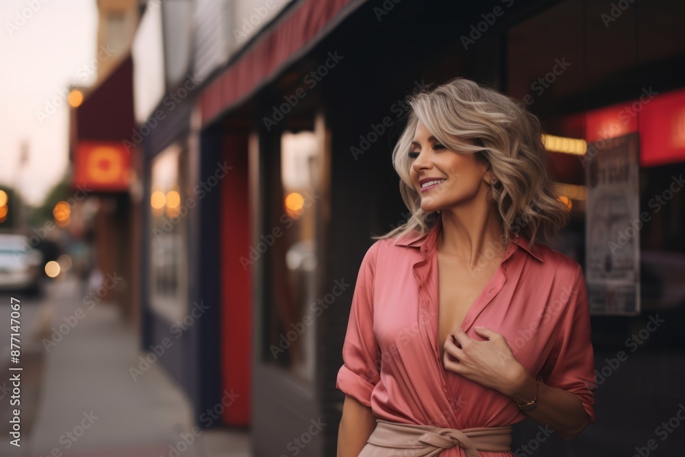 Beautiful blonde woman in a pink blouse on a city street. Beautiful blonde woman in a pink blouse on a city street.