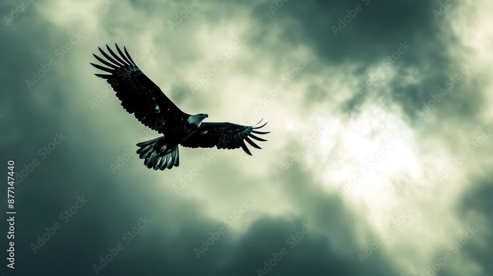 Fototapeta premium Bird flying in the air against a cloudy backdrop; Foreground holds another bird