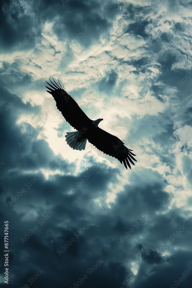 Fototapeta premium bird in flight against cloudy sky, sun glowing through clouds
