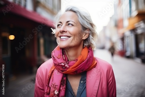 Portrait of a happy senior woman standing in the street, smiling