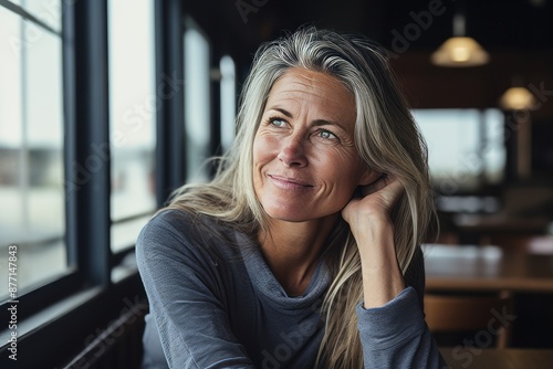 Portrait of beautiful mature woman looking away while sitting in cafe.