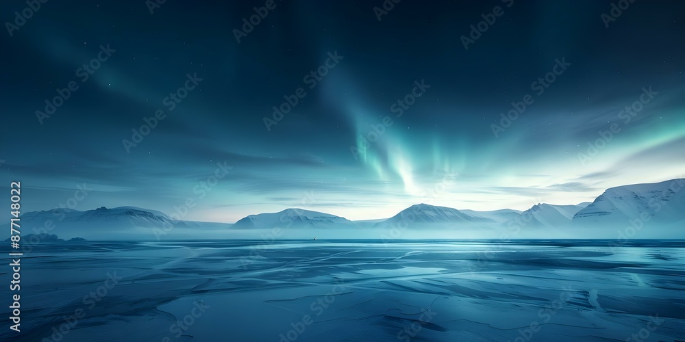 Naklejka premium Arctic research station in frozen landscape under northern lights. Concept Arctic Research Station, Frozen Landscape, Northern Lights, Scientific Exploration, Extreme Environment