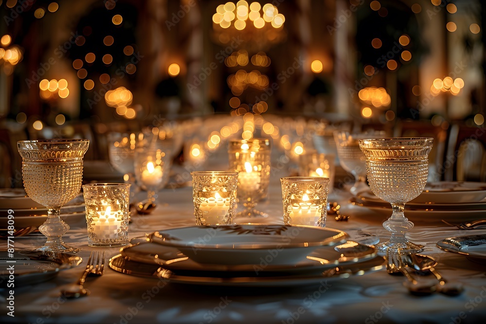 Sumptuous porcelain plates and dazzling hand-cut crystal glasses embellish the candlelit table, exuding an air of romance and opulence in the exclusive, high-end restaurant. The scene is meticulously. Sumptuous porcelain plates and dazzling hand-cut crystal glasses embellish the candlelit table, exuding an air of romance and opulence in the exclusive, high-end restaurant. The scene is meticulously.